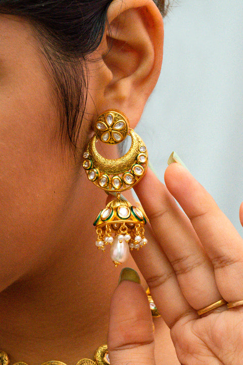 Designer Gold Plated Royal Kundan Necklace with Earrings