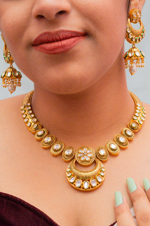 Designer Gold Plated Royal Kundan Necklace with Earrings