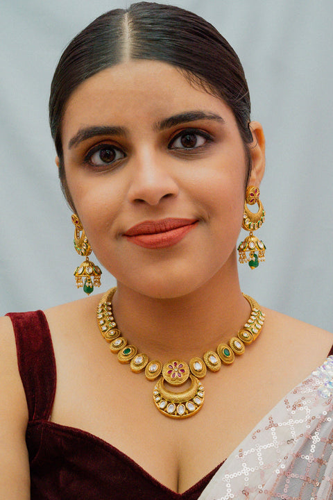 Designer Gold Plated Royal Kundan Necklace with Earrings
