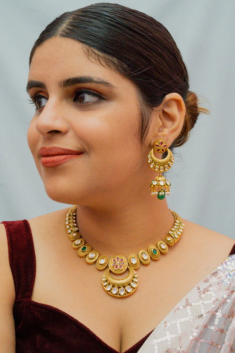 Designer Gold Plated Royal Kundan Necklace with Earrings