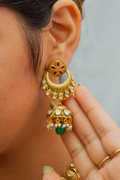 Designer Gold Plated Royal Kundan Necklace with Earrings