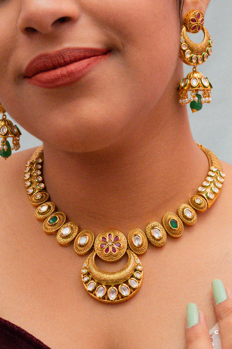 Designer Gold Plated Royal Kundan Necklace with Earrings