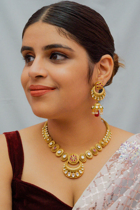 Designer Gold Plated Royal Kundan Necklace with Earrings