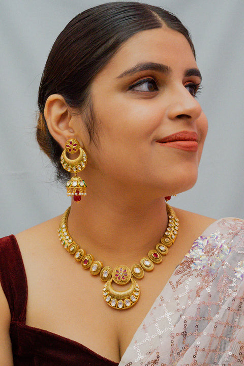 Designer Gold Plated Royal Kundan Necklace with Earrings