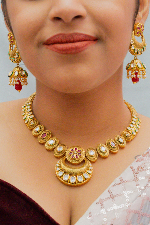 Designer Gold Plated Royal Kundan Necklace with Earrings