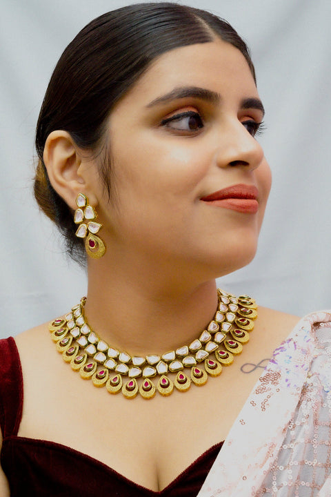 Designer Gold Plated Royal Kundan Necklace with Earrings (D817)