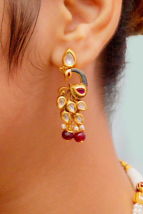 Designer Gold Plated Royal Kundan Red & White Beads Necklace With Earrings (D824)