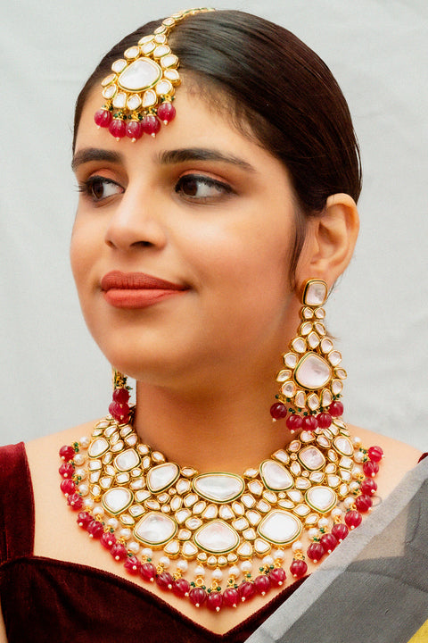 Designer Gold Plated Royal Kundan Ruby Necklace With Earrings (D825)