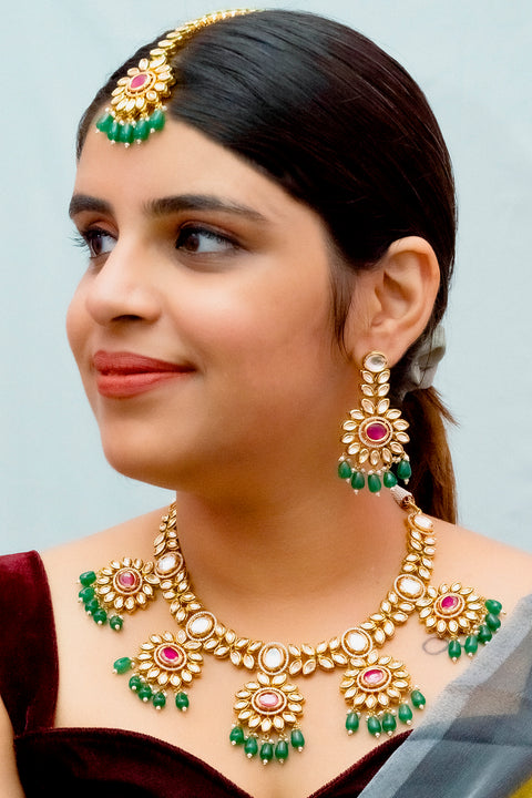 Designer Gold Plated Royal Kundan Ruby Necklace With Earrings (D875)