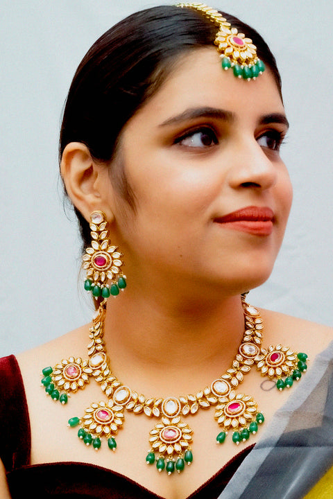 Designer Gold Plated Royal Kundan Ruby Necklace With Earrings (D875)