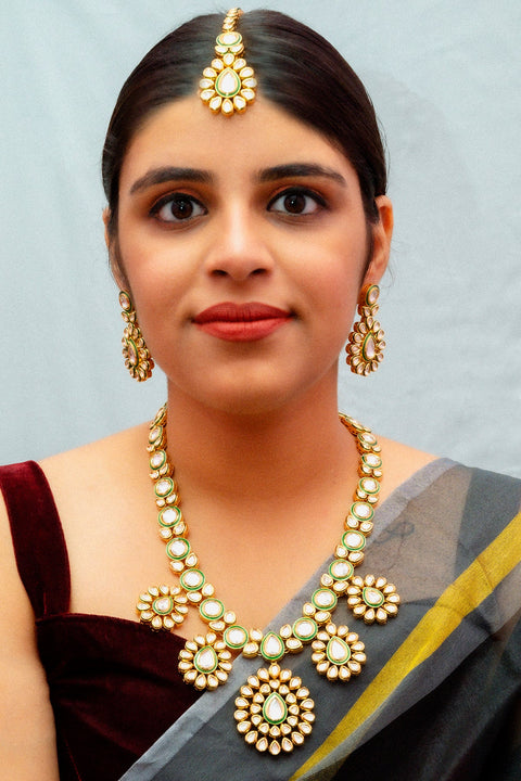 Designer Gold Plated Royal Kundan Ruby & Emerald Necklace with Earrings (D884)