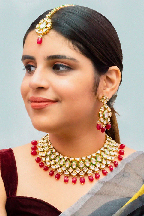 Designer Gold Plated Royal Kundan Necklace With Earrings (D883)