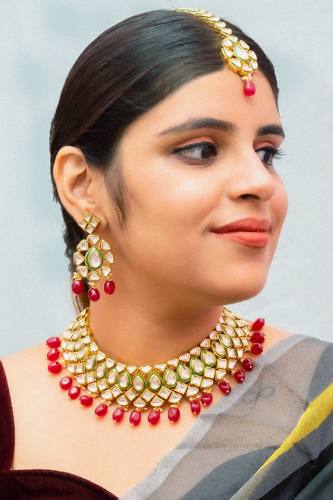 Designer Gold Plated Royal Kundan Necklace With Earrings (D883)