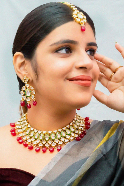 Designer Gold Plated Royal Kundan Necklace With Earrings (D883)