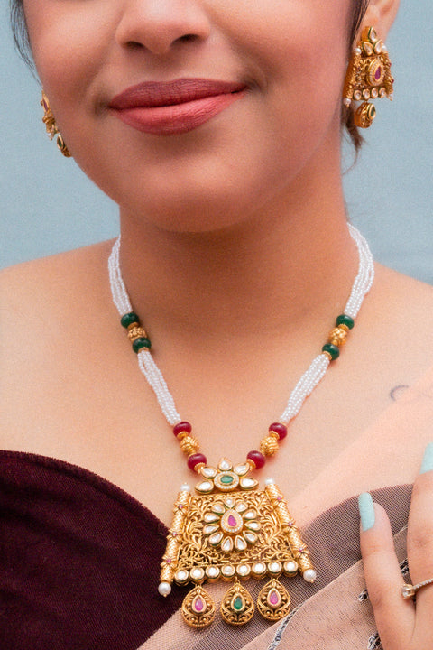 Designer Gold Plated Royal White With Red & Green Beaded Kundan Pendant Set (D830)