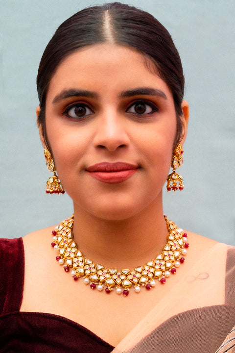 Designer Gold Plated Royal Kundan & Ruby Necklace with Earrings (D831)
