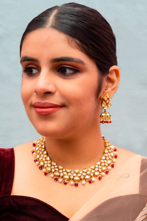 Designer Gold Plated Royal Kundan & Ruby Necklace with Earrings (D831)