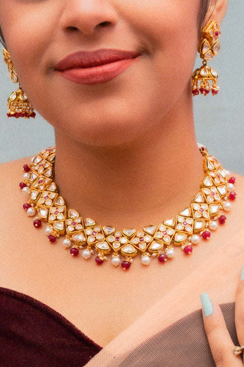 Designer Gold Plated Royal Kundan & Ruby Necklace with Earrings (D831)