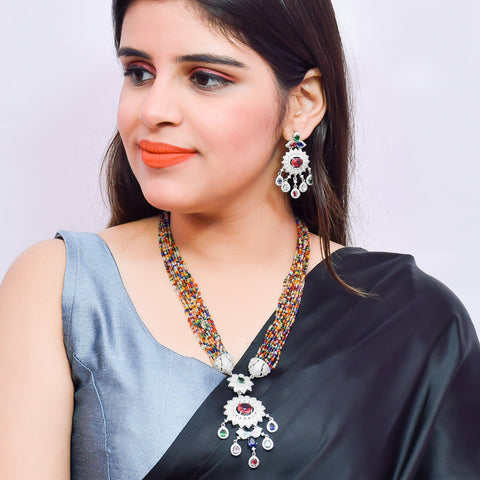 Designer Semi-Precious American Diamond Beads Necklace with Earrings (D622)