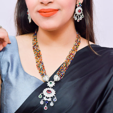 Designer Semi-Precious American Diamond Beads Necklace with Earrings (D622)