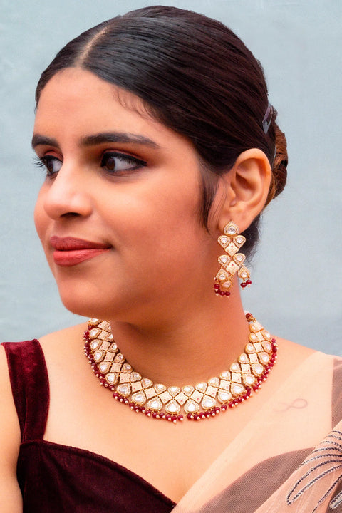 Designer Gold Plated Royal Kundan Necklace with Earrings