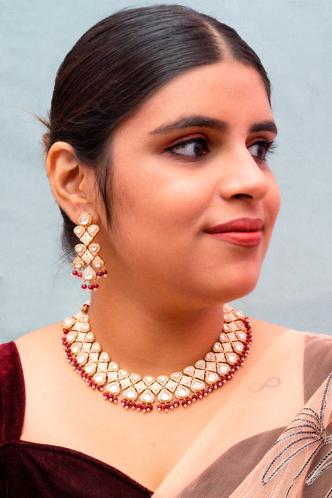 Designer Gold Plated Royal Kundan Necklace with Earrings