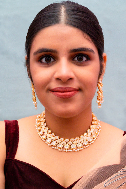 Designer Gold Plated Royal Kundan Necklace with Earrings