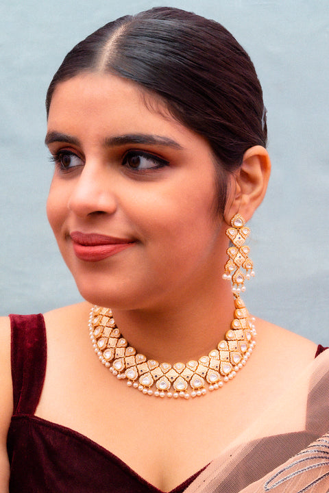 Designer Gold Plated Royal Kundan Necklace with Earrings