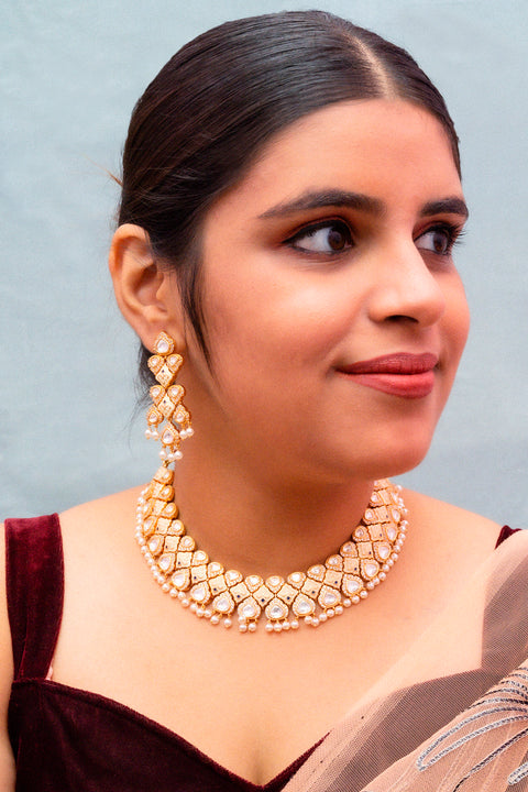 Designer Gold Plated Royal Kundan Necklace with Earrings