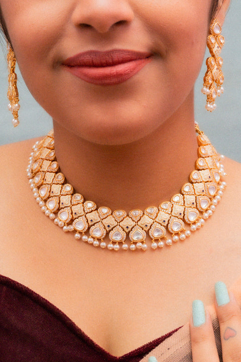 Designer Gold Plated Royal Kundan Necklace with Earrings