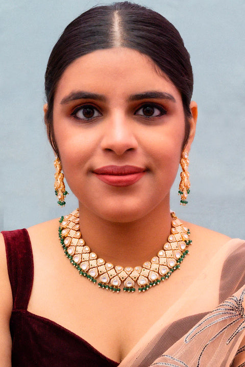 Designer Gold Plated Royal Kundan Necklace with Earrings