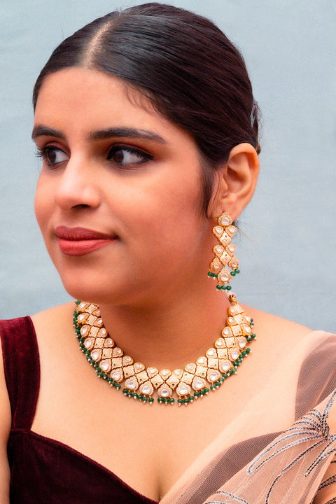 Designer Gold Plated Royal Kundan Necklace with Earrings
