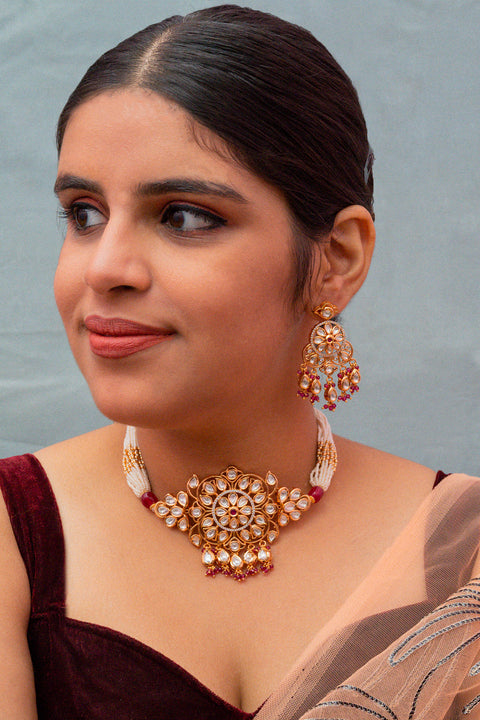 Designer Gold Plated Ruby Kundan Choker Style Necklace with Earrings (D850)