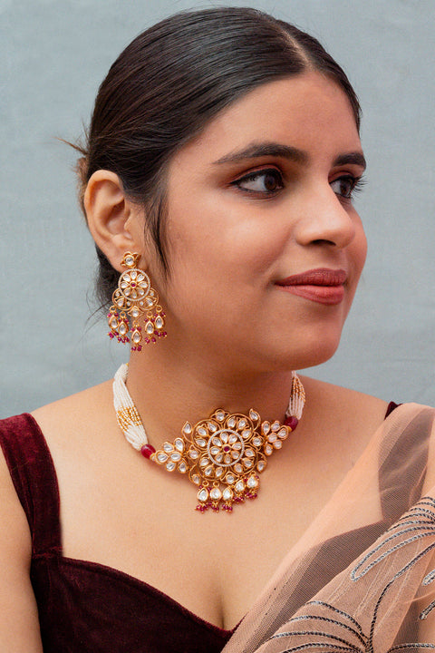 Designer Gold Plated Ruby Kundan Choker Style Necklace with Earrings (D850)