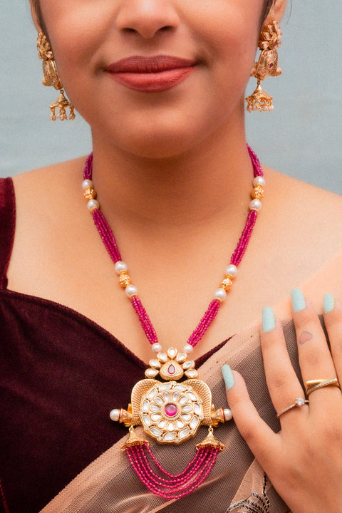Designer Gold Plated Royal Ruby Kundan Pendant Set (D851)