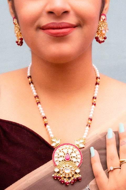 Designer Gold Plated Royal Red Beaded Kundan Pendant Set (D836)