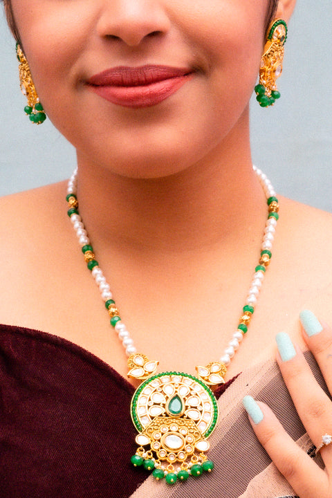 Designer Gold Plated Royal Green Beaded Kundan Pendant Set (D837)