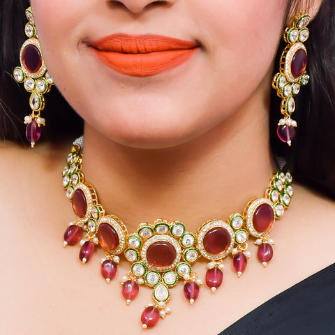 Designer Gold Plated Royal Kundan With Green Color Necklace & Earrings (D615)