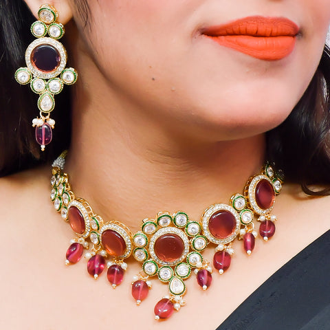 Designer Gold Plated Royal Kundan With Green Color Necklace & Earrings (D615)