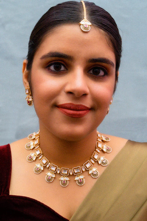 Designer Gold Plated Kundan Necklace With Earrings & Maangtikka