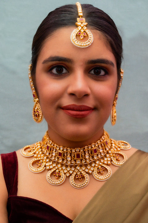 Designer Bridal Gold Plated Royal Kundan & Ruby Necklace (D858)
