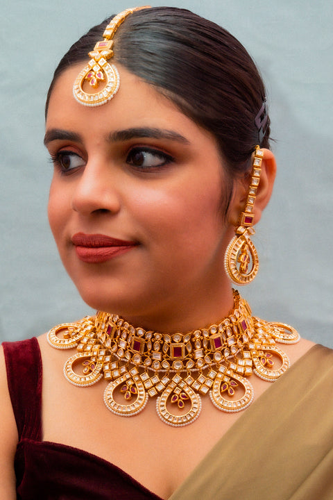 Designer Bridal Gold Plated Royal Kundan & Ruby Necklace (D858)