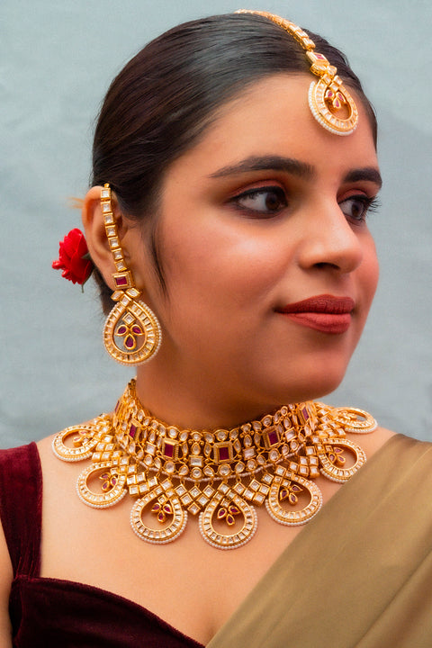 Designer Bridal Gold Plated Royal Kundan & Ruby Necklace (D858)