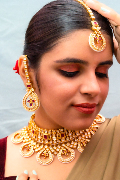 Designer Bridal Gold Plated Royal Kundan & Ruby Necklace (D858)