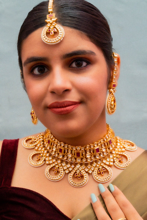 Designer Bridal Gold Plated Royal Kundan & Ruby Necklace (D858)