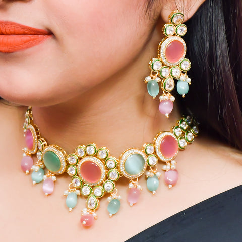 Designer Gold Plated Royal Kundan With Green Color Necklace & Earrings (D615)