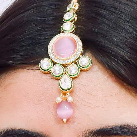 Designer Gold Plated Royal Kundan With Green Color Necklace & Earrings (D615)