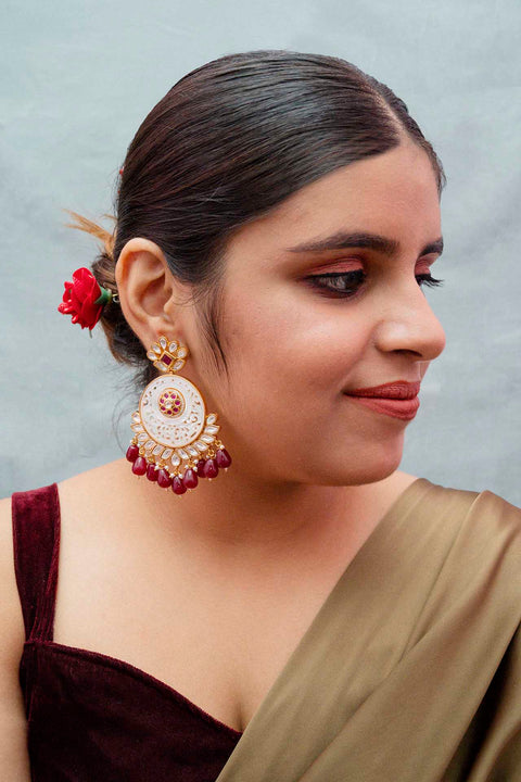 Gold Plated Beautifully Royal Kundan & Ruby Beaded Earrings (E770)
