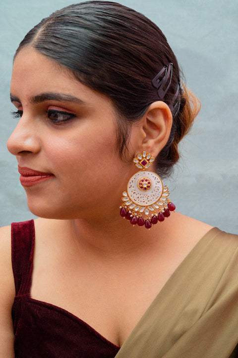 Gold Plated Beautifully Royal Kundan & Ruby Beaded Earrings (E770)