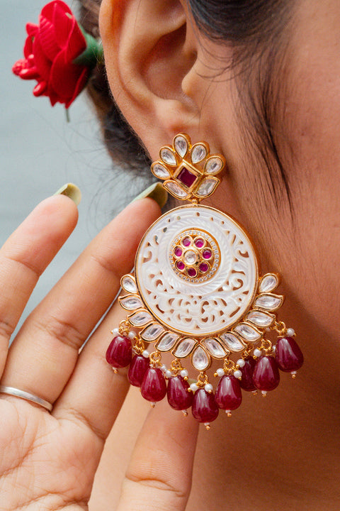 Gold Plated Beautifully Royal Kundan & Ruby Beaded Earrings (E770)